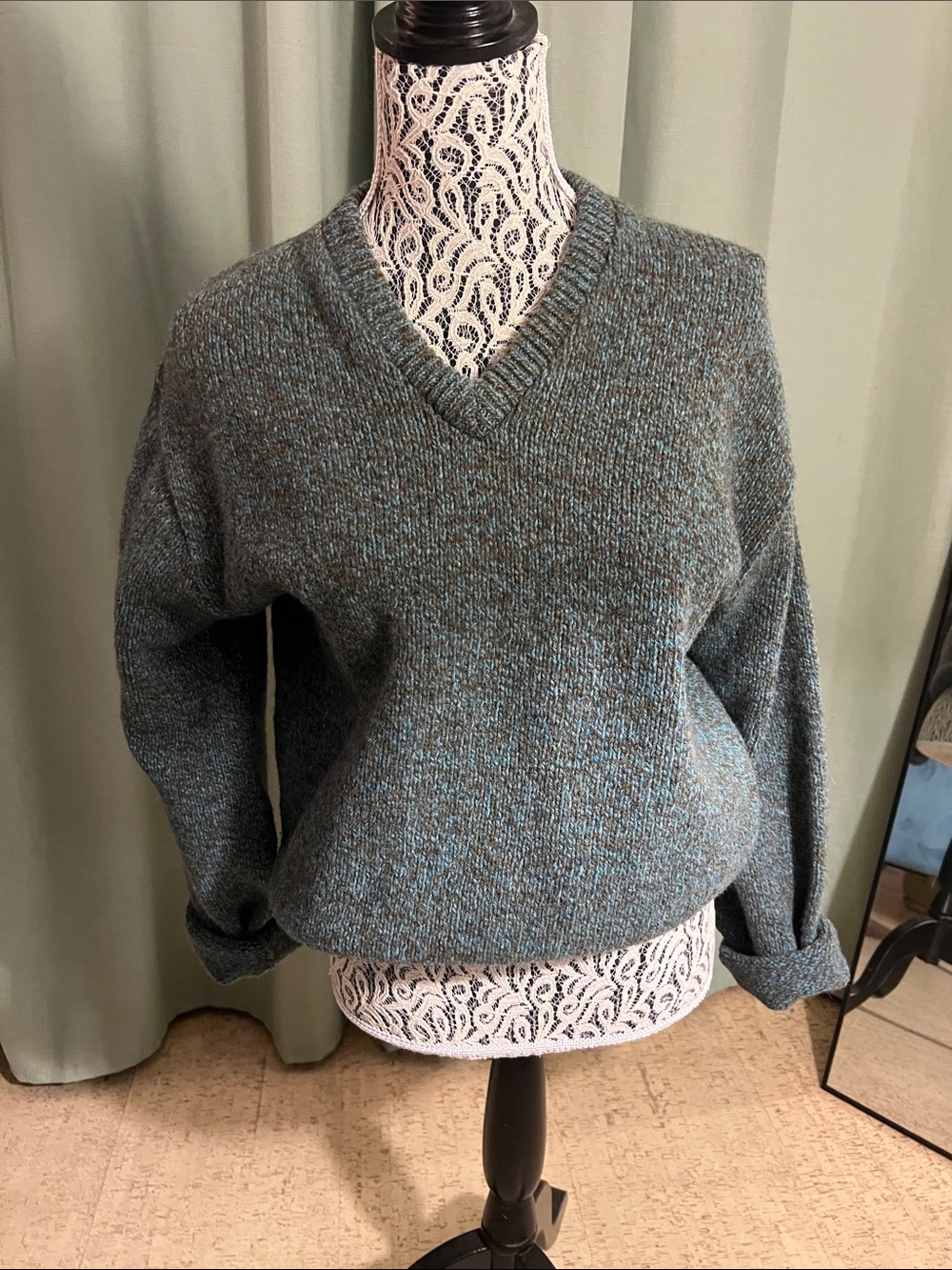 V-Neck Teal Marled Sweater - 100% Shetland Wool XL